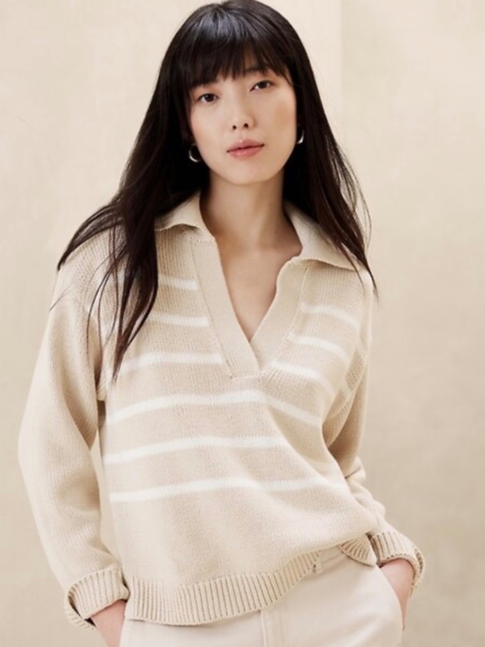 Textured Johnny-Collar Sweater | Banana Republic Factory in Oyster/Pearl